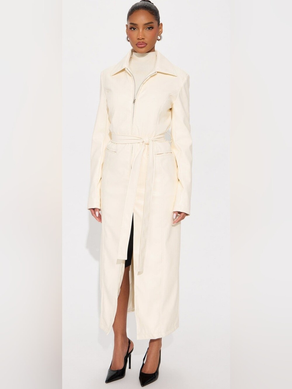 New With Tag! Fashion Nova Cream Faux-Leather Trench Coat with Tie Waist